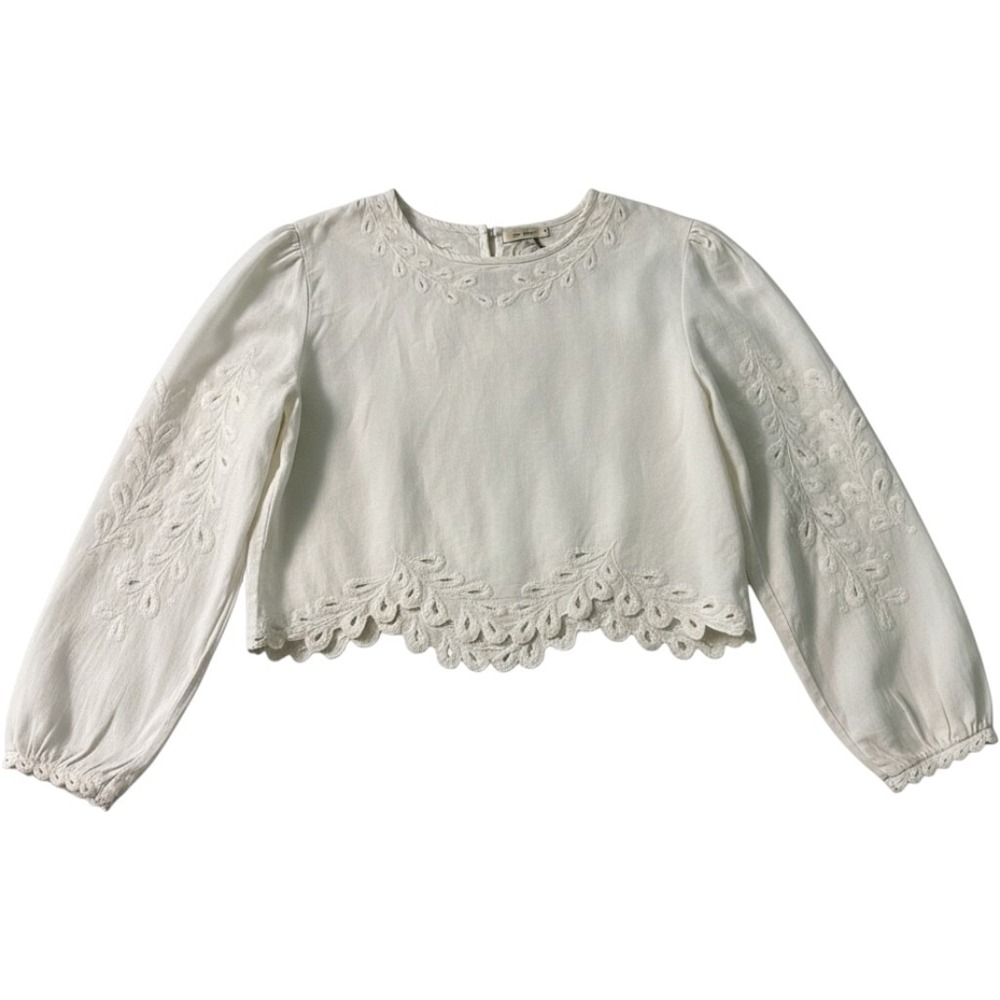 Z Supply White Eyelet Embroidered Scalloped Hem Cropped Blouse Top Medium